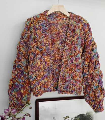 Rainbow Woven Lantern Sleeve Knitted Cardigan