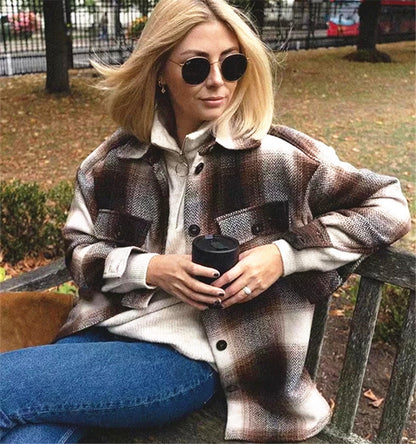 European and American fashion women's loose plaid shirt