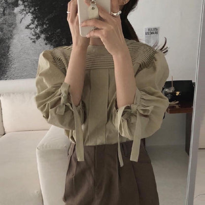 Round Neck Pleated Design Loose Bow Lace-up Lantern Sleeve Shirt Top