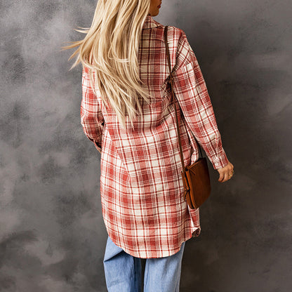 Women's Printed Checks Mid-length Shirt Coat