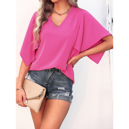 European And American Style Fashion Solid Color V-neck All-match Short-sleeved Shirt