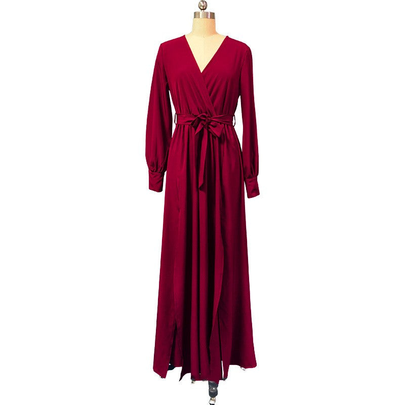 Robe à manches longues et col en V pour femmes