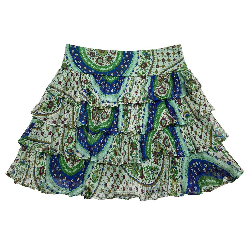 Vintage Crumpled Wave Green Silk Floral Skirt