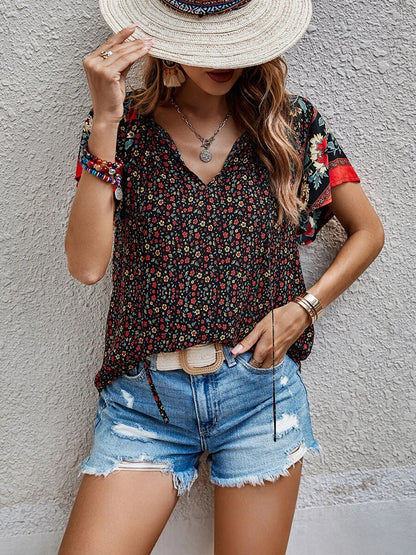 Printed Short Sleeve Tie Neck Blouse