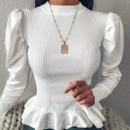 Simple and Elegant Ladies Round Neck Solid Color White Long-Sleeved Sweater Autumn and Winter Female Sweater Ladies Casual Pullover