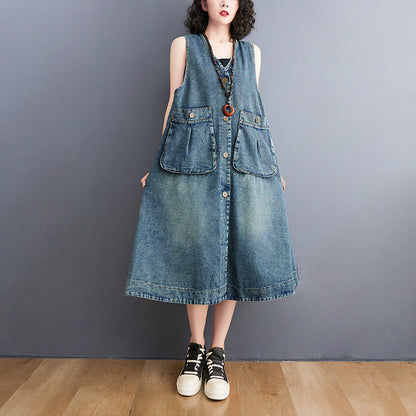 Fashion Casual Mid-length Sleeveless Denim Vest Dress