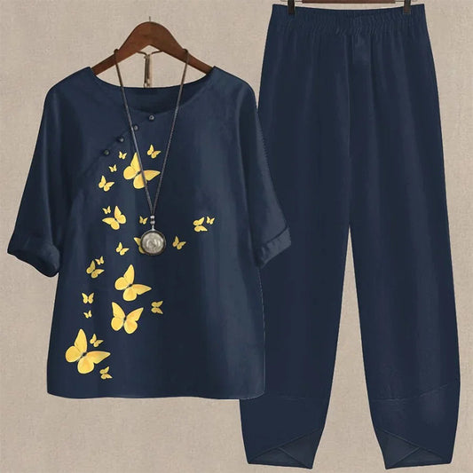 Women's Five-quarter Sleeve Printed Top Two-piece Pants