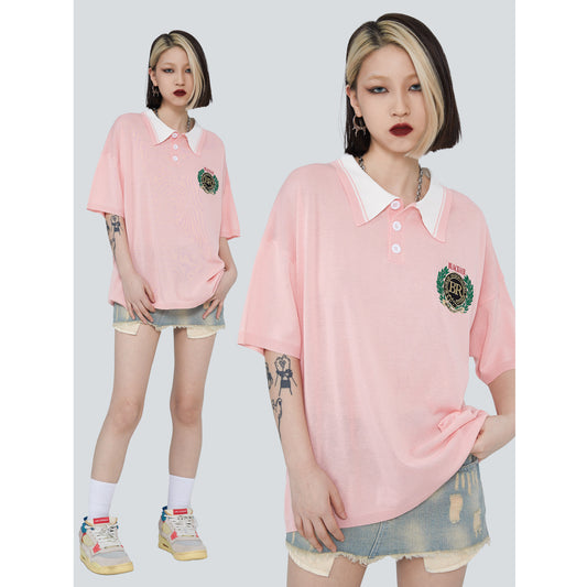 Olive Branch Embroidered Lapel Polo Half Sleeve Vintage T-shirt