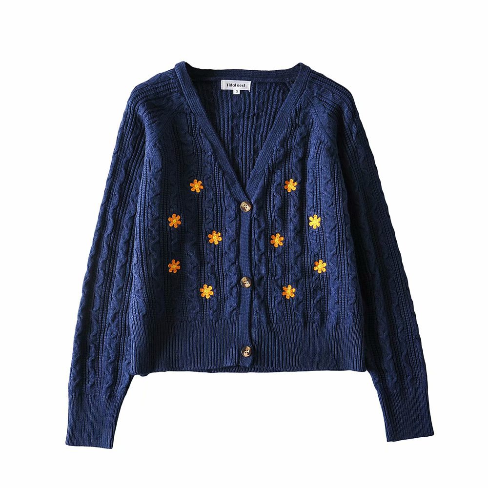 Cardigan torsadé tricoté avec broderie de fleurs pour femmes