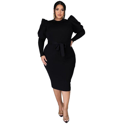 Women's Long Sleeve Belt Slim Fit Plus Size Dress