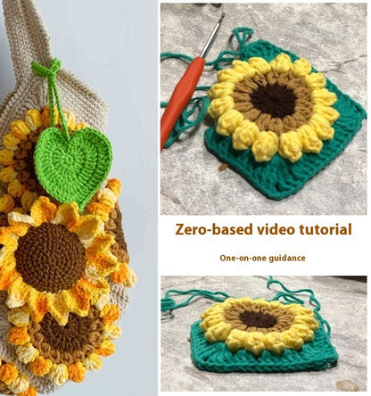 Material para bolso de hombro con girasoles tridimensionales, tejido de lana, hecho a mano