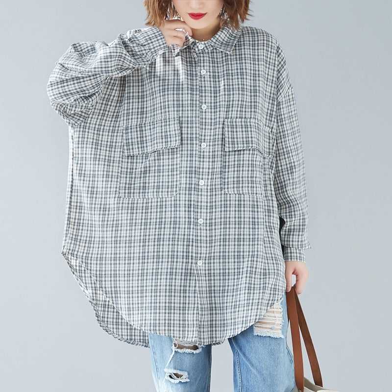 Lapel Plaid Long-sleeved Shirt Age-reducing Belly-covering Top