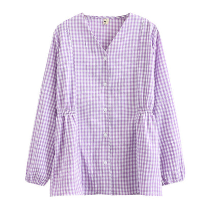 Women's Slim Small Plaid Cardigan Spring Fashion V-Neck Long Sleeve Shirt