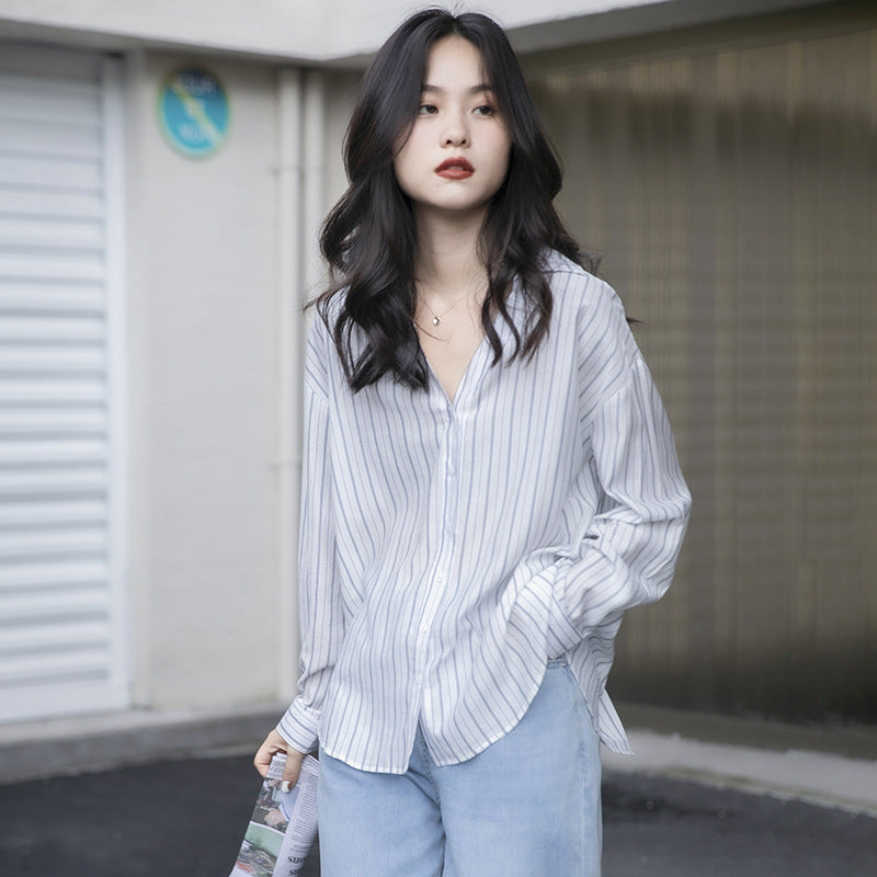 Striped Lazy Style Shirt Lapel Is Thin And Long Sleeves