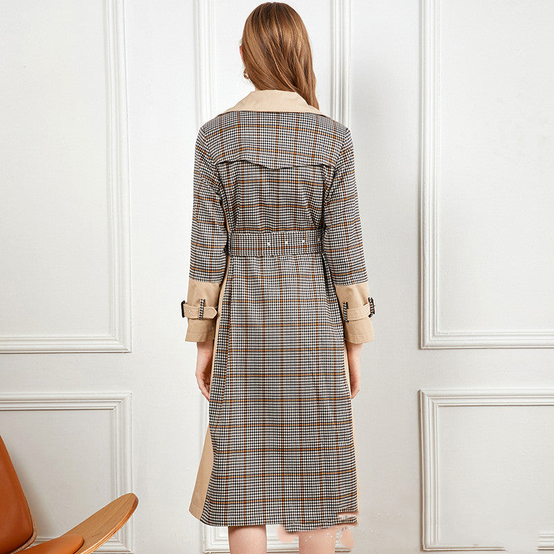 Checked stitching lace-up waist long trench coat