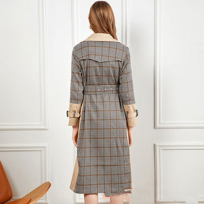 Checked stitching lace-up waist long trench coat