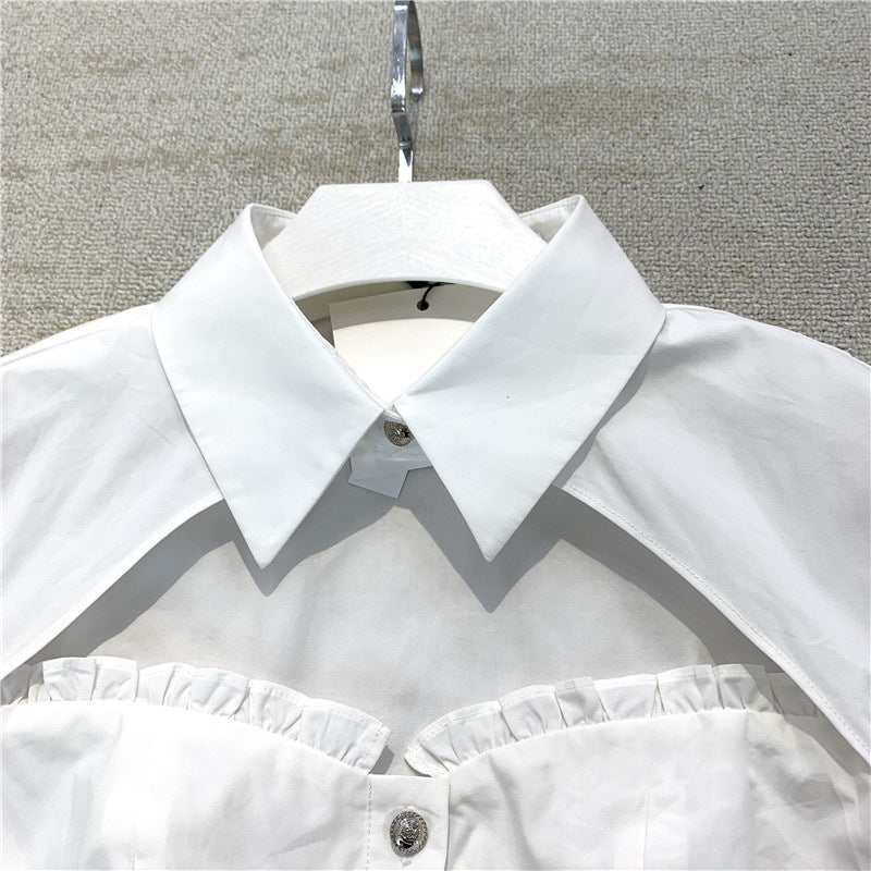 Women's Fashion Top White Ruffled Hollowed-out Shirt