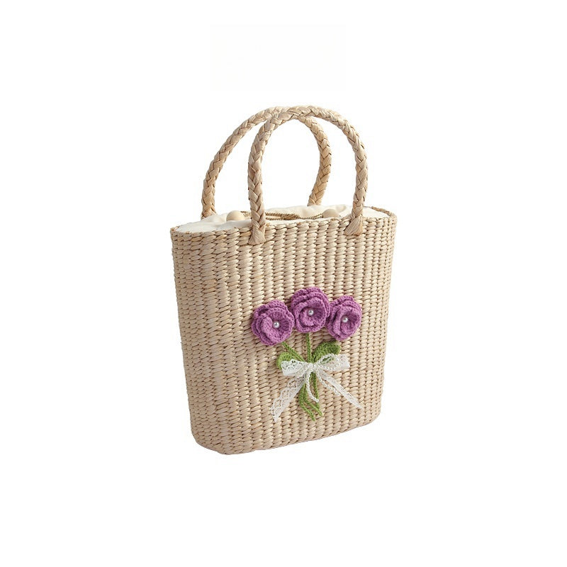 Bolso de paja tejido a mano informal Flor cuadrada vertical Púrpura