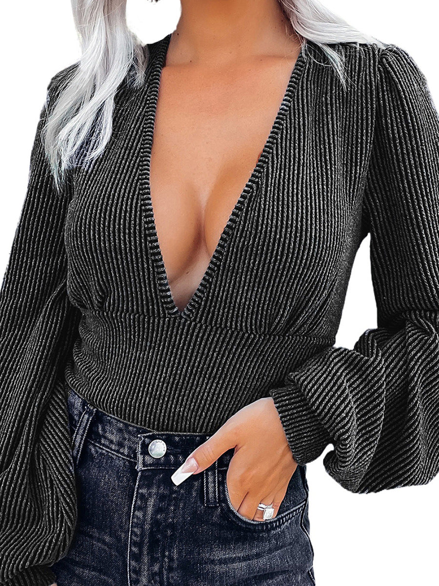 Mono gris con cuello en V profundo Top con mangas de obispo europeo y americano para mujer