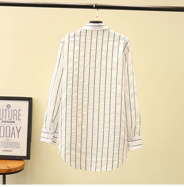 Plus size striped pocket long sleeve shirt