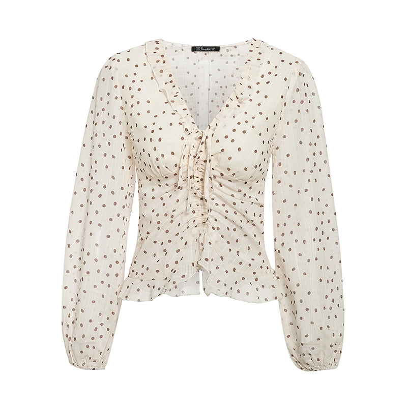 Polka-dot lace fungus long sleeve chiffon shirt