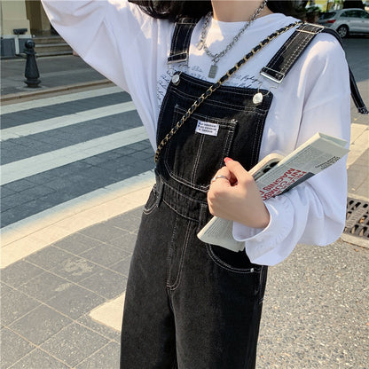 Retro High Waist Straight Black Denim Bib Pants