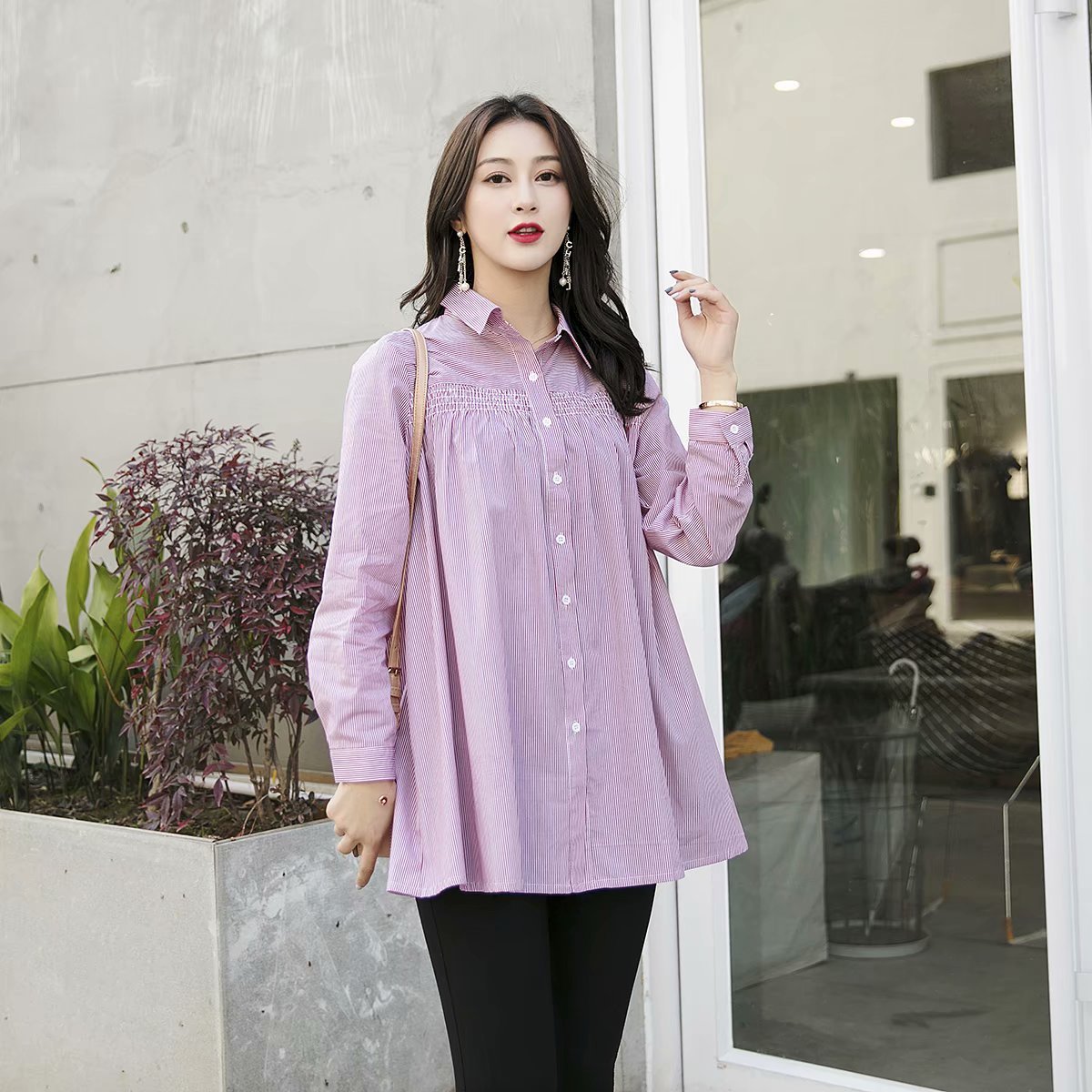 Cotton Striped Mid-Length Loose-Fitting Long-Sleeved Shirt