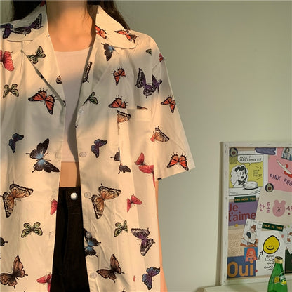 Niche butterfly print short-sleeved shirt