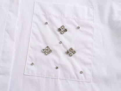 New Artificial Jewelry White With Lapel Cotton Poplin Shirt Top