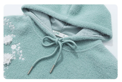 Green Hooded Sherry Embroidered Soft And Sticky Loose Sweater For Women