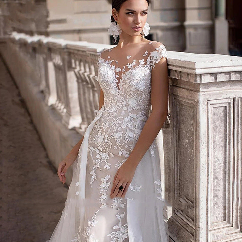 Vestido de novia de cola de novia blanco adelgazante con cuello redondo de ensueño ropa bidireccional actividad Mujer