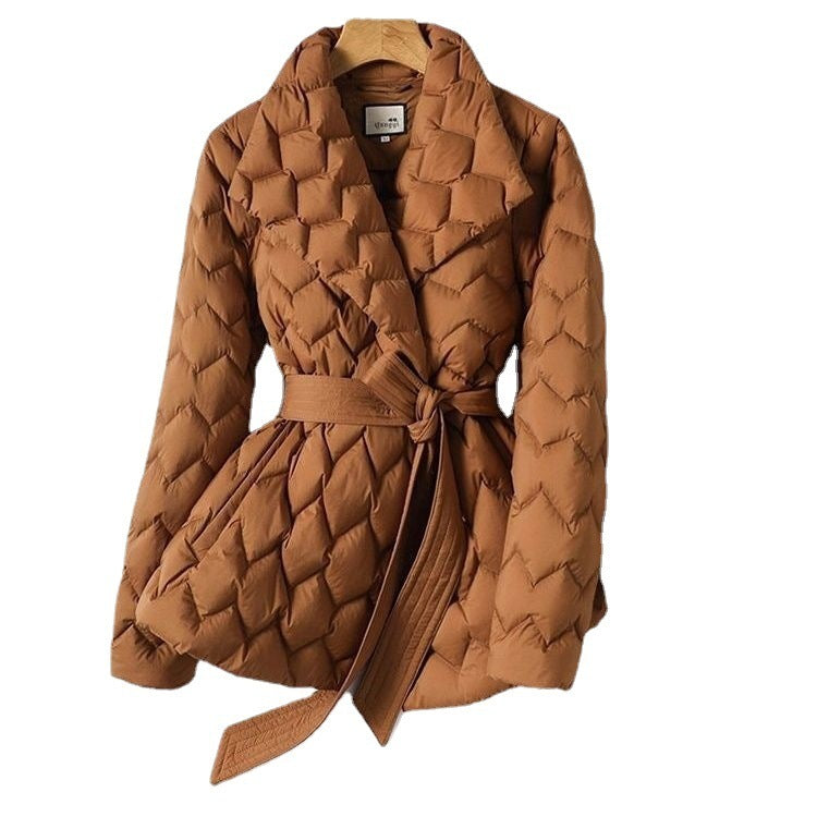 Chaqueta de plumón corta y ligera de color chocolate con línea de seda, abrigo de invierno de longitud media y ajustado a la cintura para mujer