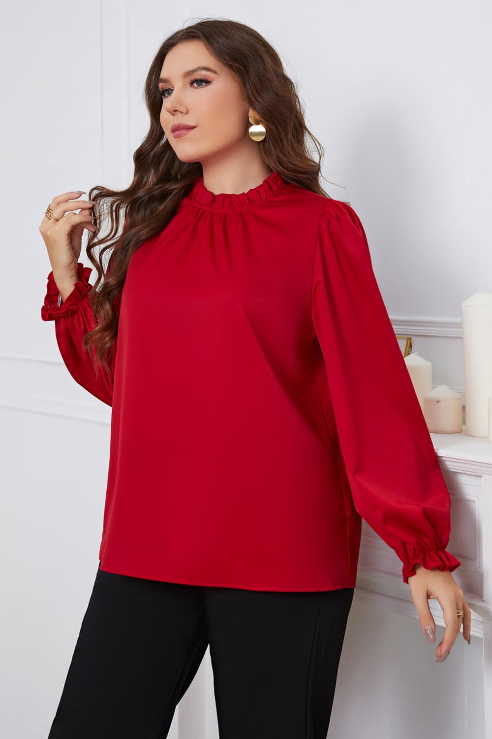 Melo Apparel Plus Size Frill Trim Flounce Sleeve Round Neck Blouse