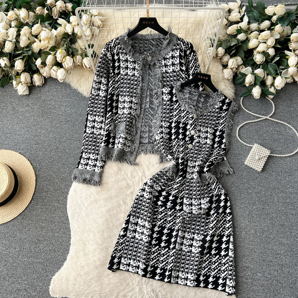 Raw Edges Design Long Sleeve Jacket Sleeveless Plaid Dress Suit