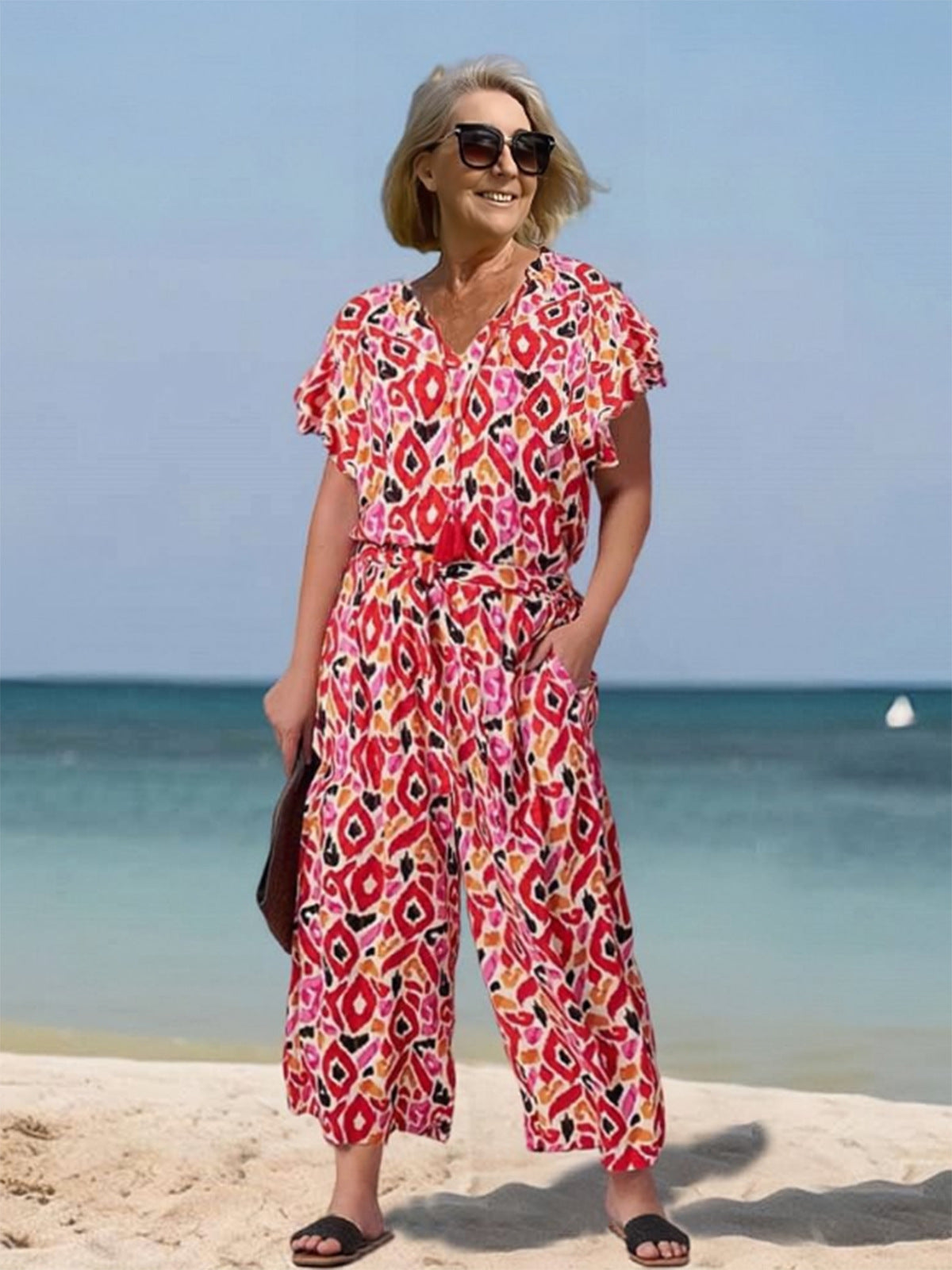 Loose Short Sleeve V-neck Printed Jumpsuit