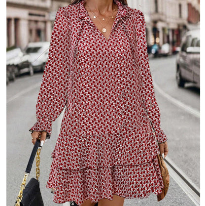 Bohemian Explosion Printed V-neck Lace-up Long Sleeve Dress