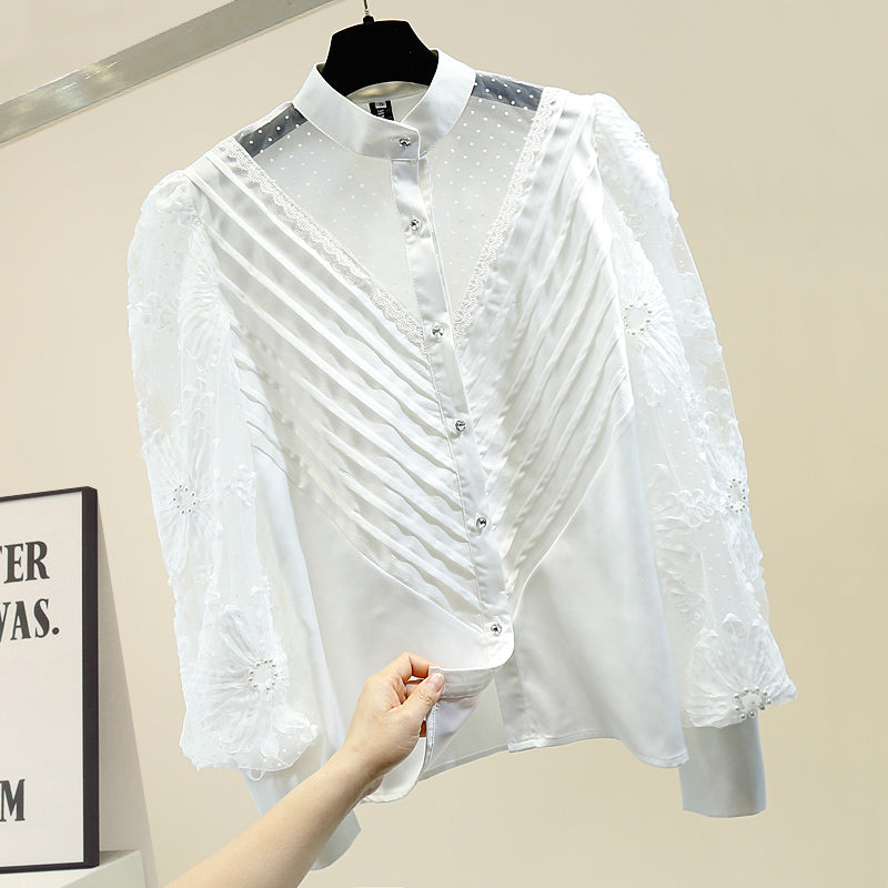 Lace stitching micro see-through stand-up collar shirt