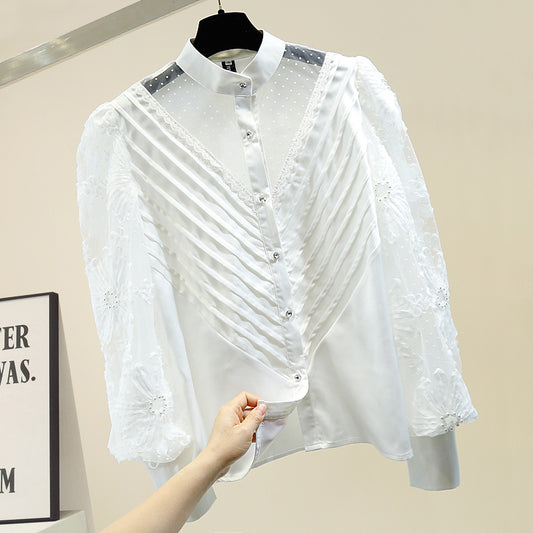 Lace stitching micro see-through stand-up collar shirt