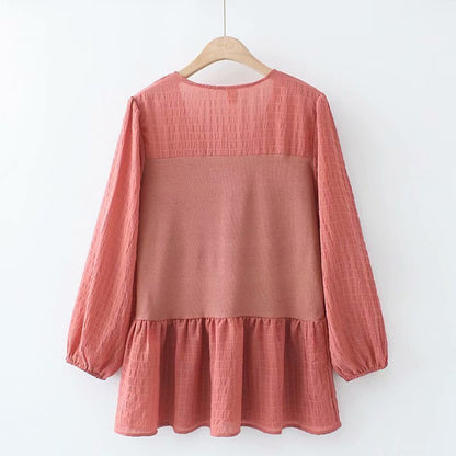 Loose Color Matching Drawstring V-Neck Long-Sleeved T-Shirt Top