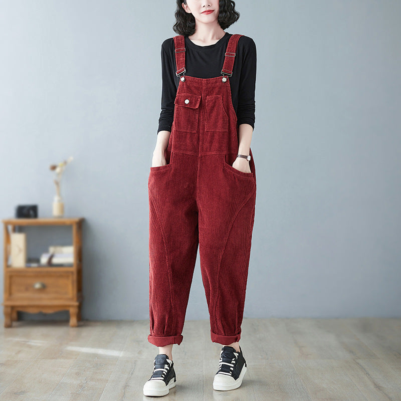 Women's Wide Leg Suspender Washed Corduroy Overalls