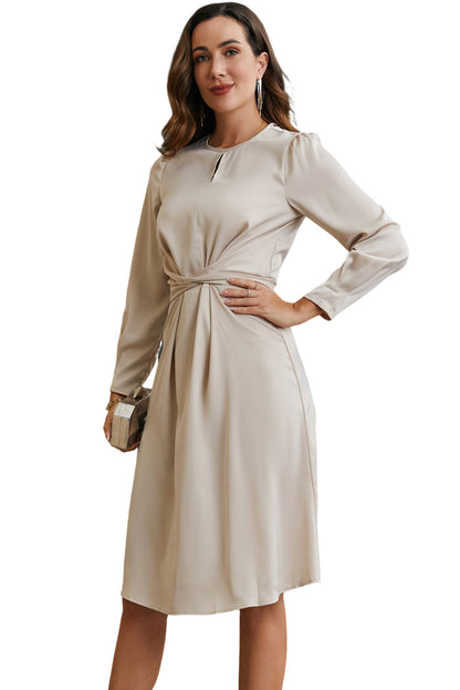 Apricot Twist Front Tie Back Long Sleeve Satin Dress