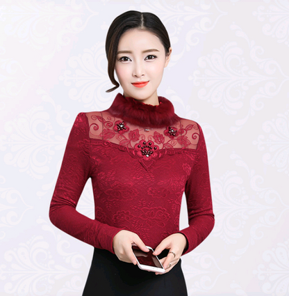 Plus velvet bottoming shirt autumn and winter clothing new fashion lace shirt long-sleeved warm shirt women's small shirt