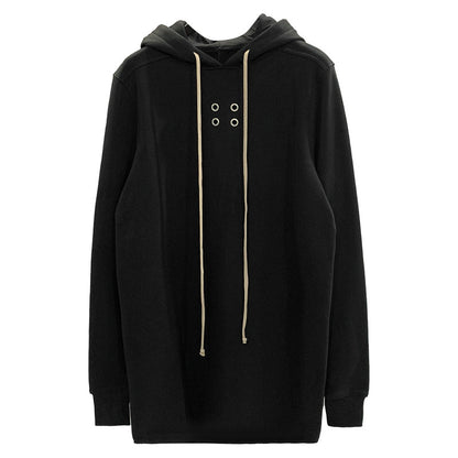 Black Dark Hoodie With Drawstrings Long Hoodie