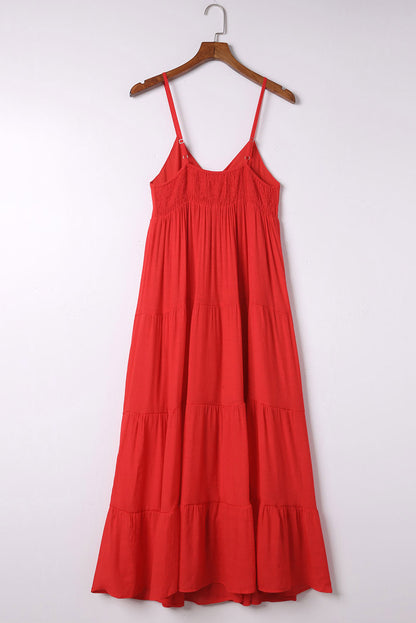 Red O-ring Smocked Back Spaghetti Straps Tiered Maxi Dress