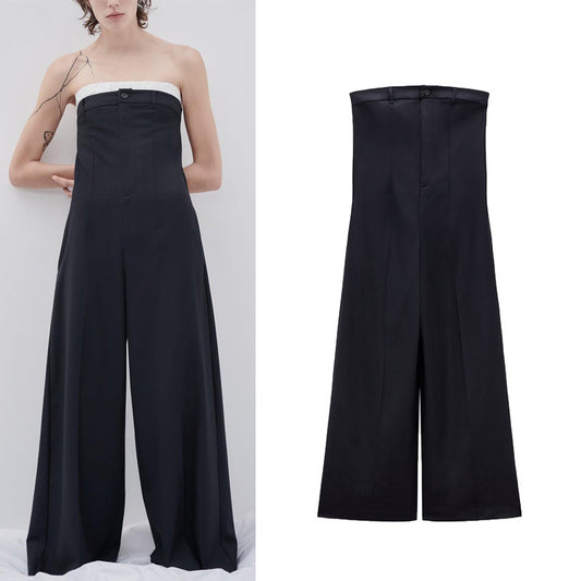 Contrast Color Off-neck Tube Top Jumpsuit Stitching Wide Leg