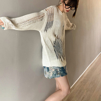 Hollow Long-sleeved Knit Sweater Blouse Pullover Top