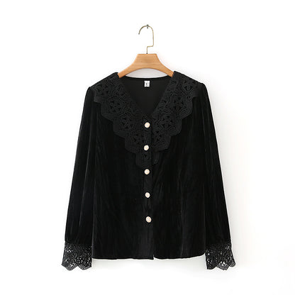 Lace Stitching Velvet Long-sleeved Shirt Top