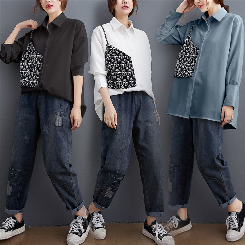 Stitching Fake Two-piece Long-sleeved Shirt Women