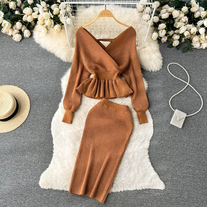 Women's V-neck Flounce Short Sweater Skirt Two-piece Set