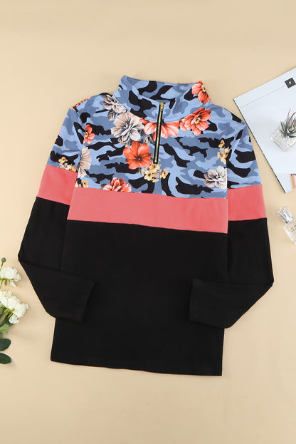 Plus Size Floral Color Block Quarter Zip Top